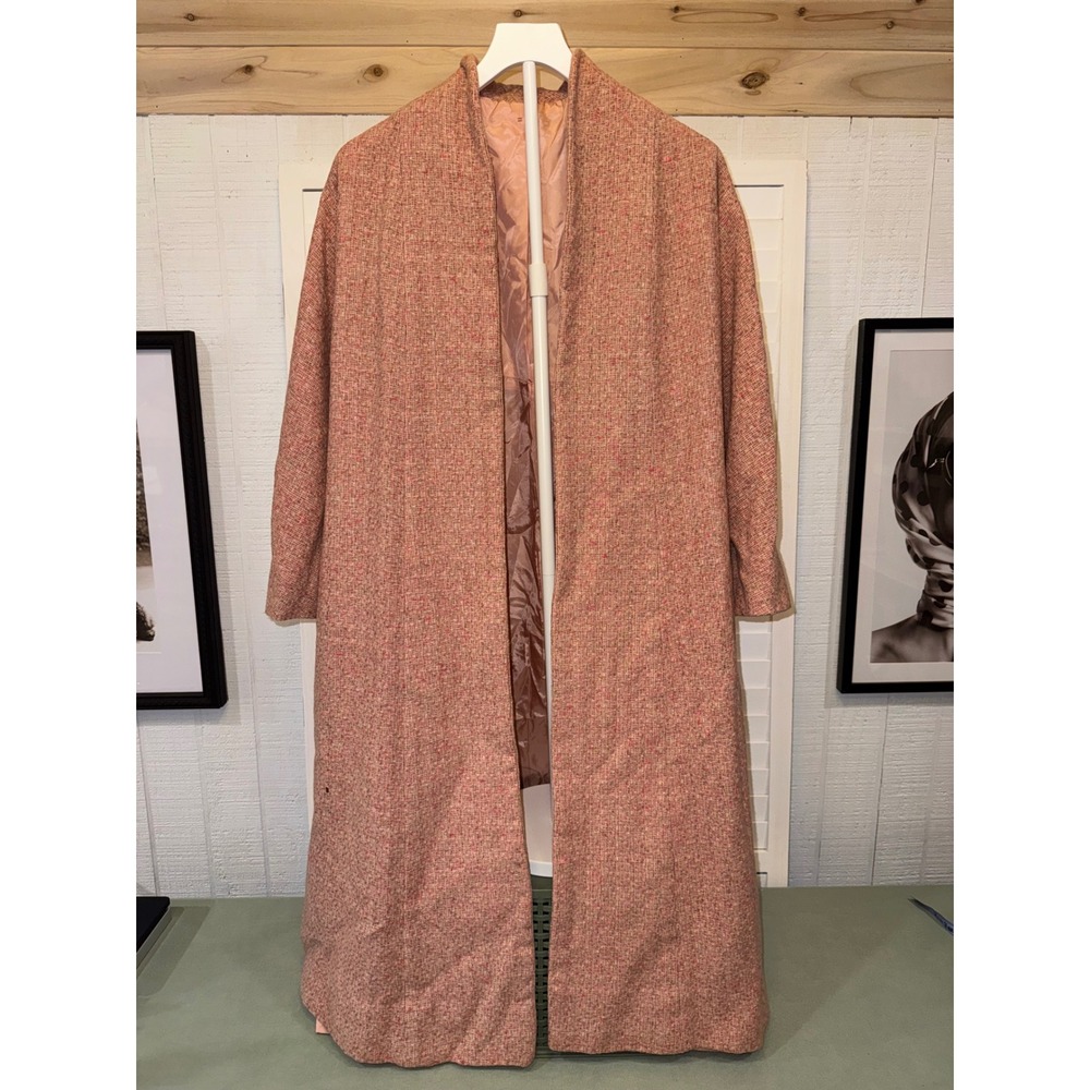 Vintage Tweed Duster Coat Womens Pink Coral Textured Mock Neck Longline Maxi S